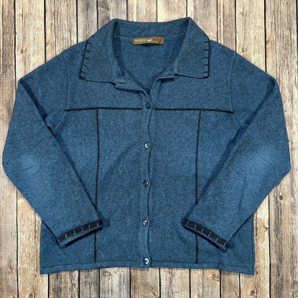 Weft New Zealand Merino Possum Button Front Polo Sweater Medium Blue Womens